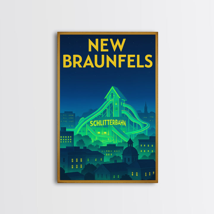 New Braunfels Travel Poster, Canvas Print, Electric Night Poster Art, New Braunfels City Art, Travel Art Print, Watercolor Urban Skyline
