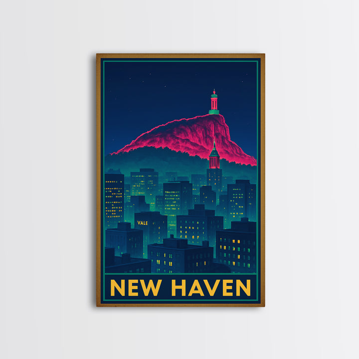 New Haven Connecticut Travel Poster, Framed Canvas Print, Cyberpunk Style City Art, New Haven Wall Art, Vintage Travel Print, Fine Art Print