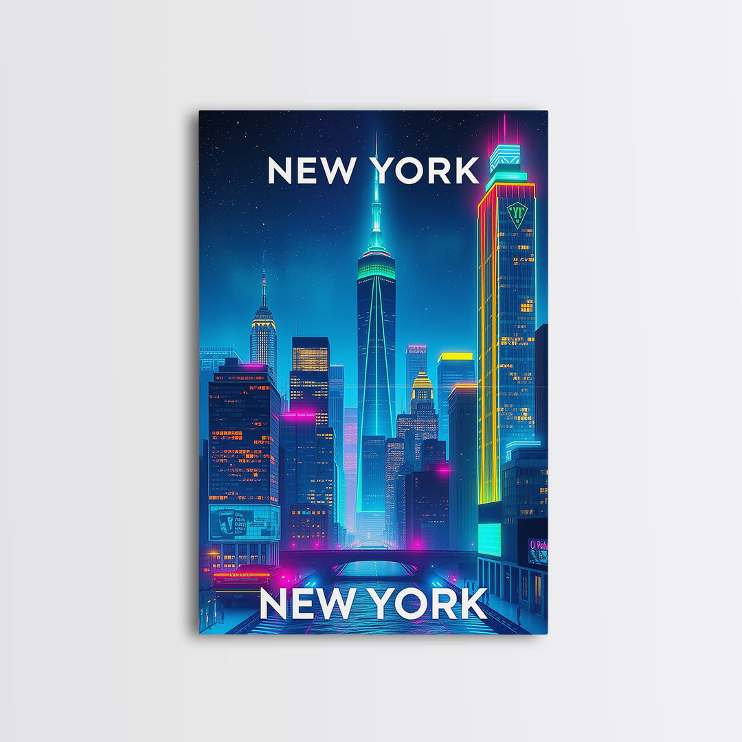 New York City New York Travel Poster, Canvas Print, Neon Skyline Wall Art, New York City Art, City Illustration, Travel Prints, Office Decor