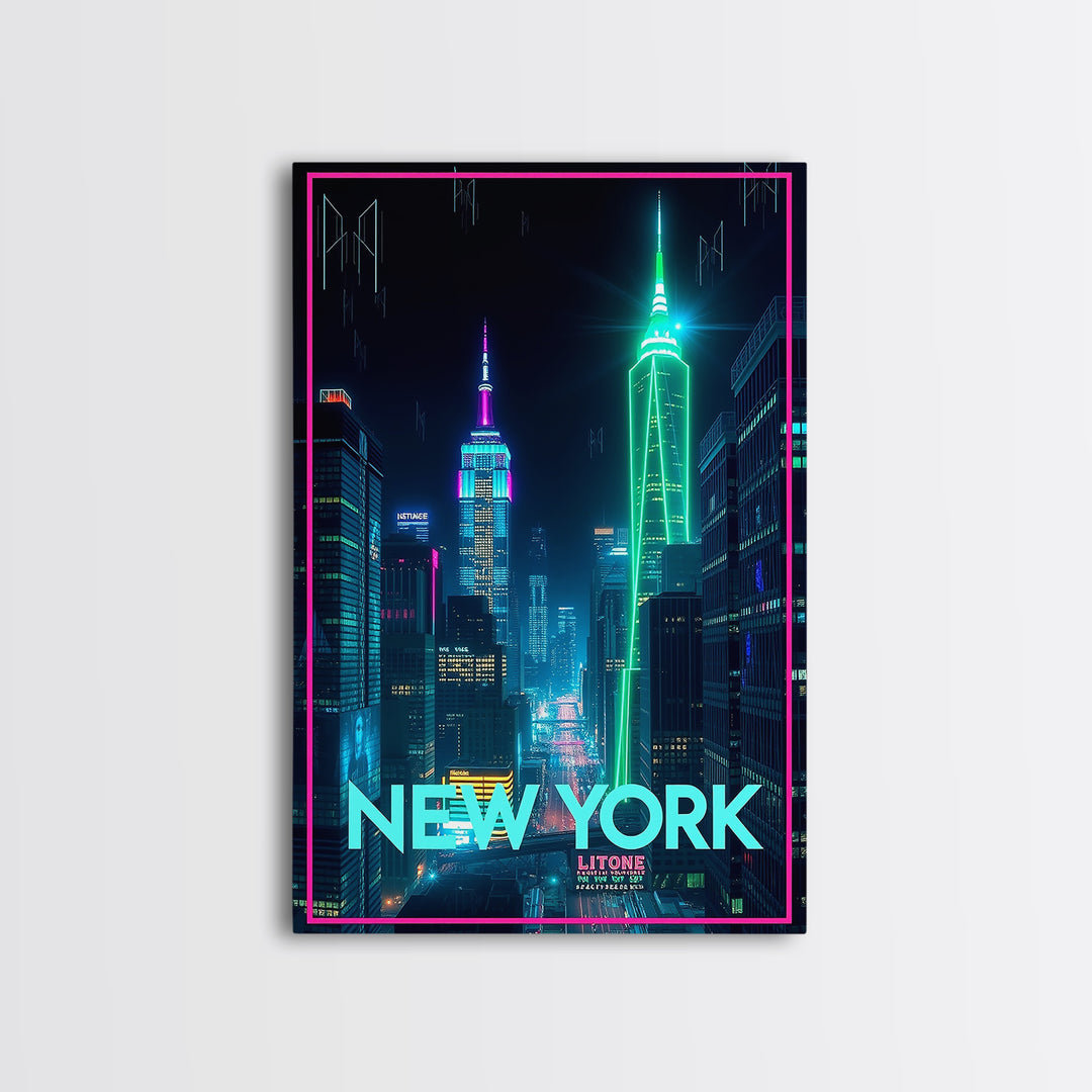 New York Travel Poster, Framed Canvas Print, Electric Night Poster Art, New York Wall Art, Travel Poster Art, Fine Art Print, Design 14