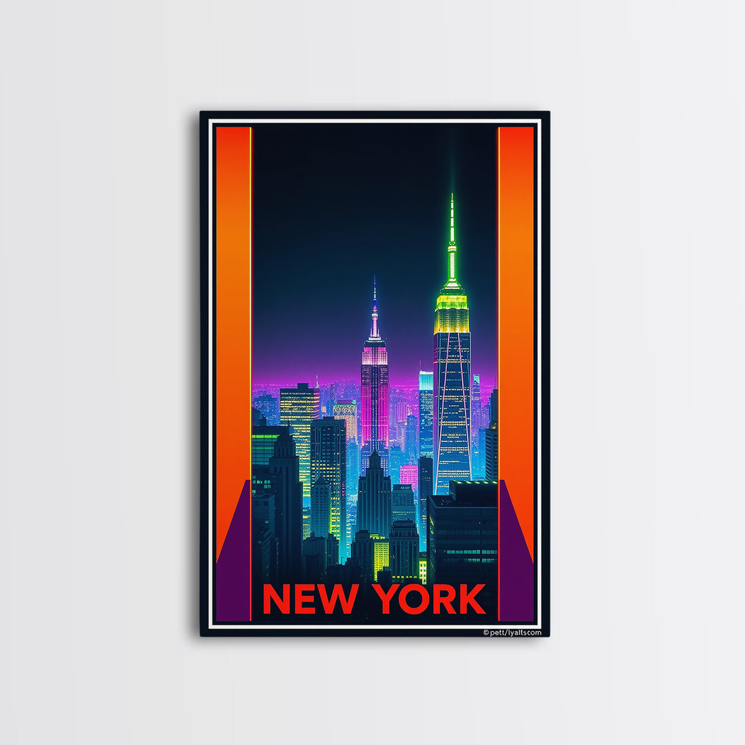 New York Travel Poster, Framed Canvas Print, Neon Skyline Art Wall Art, New York Travel Art, Vintage City Poster, Vintage City Art