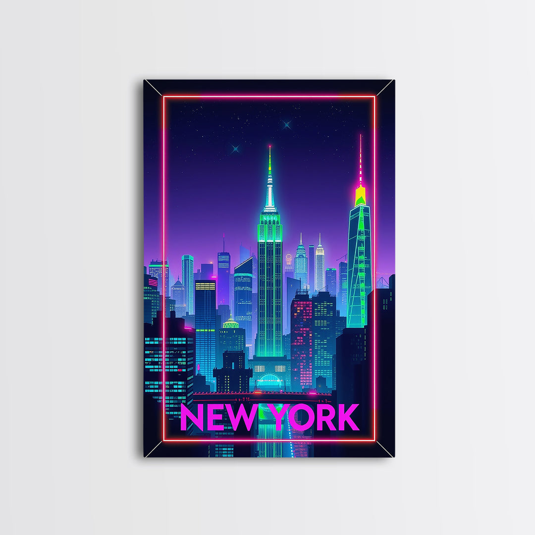 New York Travel Poster, Framed Canvas Print, Electric Night Poster Art, New York Art Print, Living Room Wall Art, Travel Poster Art