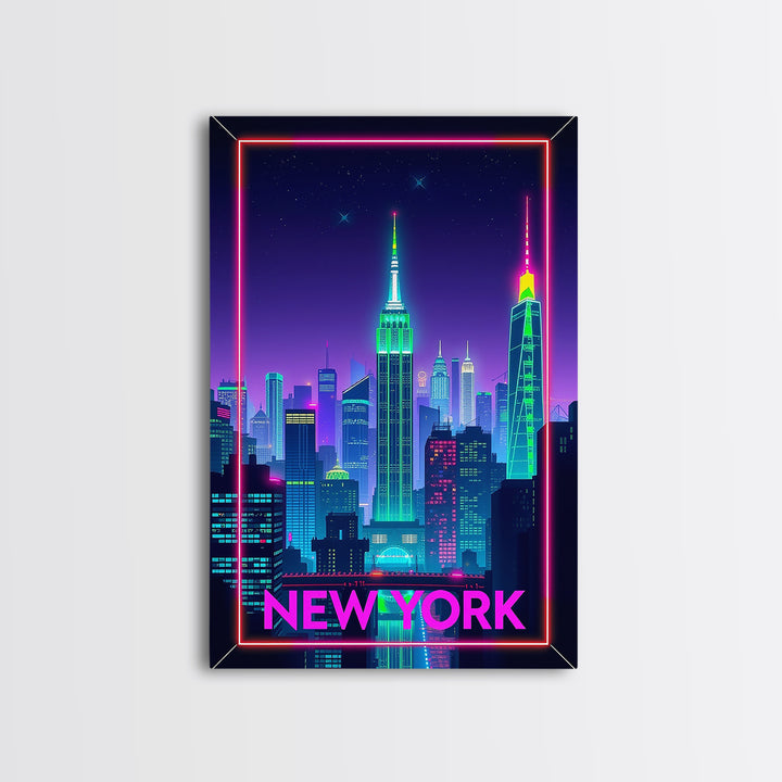 New York Travel Poster, Framed Canvas Print, Electric Night Poster Art, New York Art Print, Living Room Wall Art, Travel Poster Art