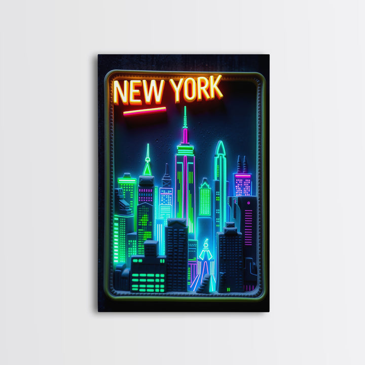 New York Travel Poster, Framed Canvas Print, Cyberpunk Style City Art, New York Poster Print, Gift For Travelers, Home Office Decor