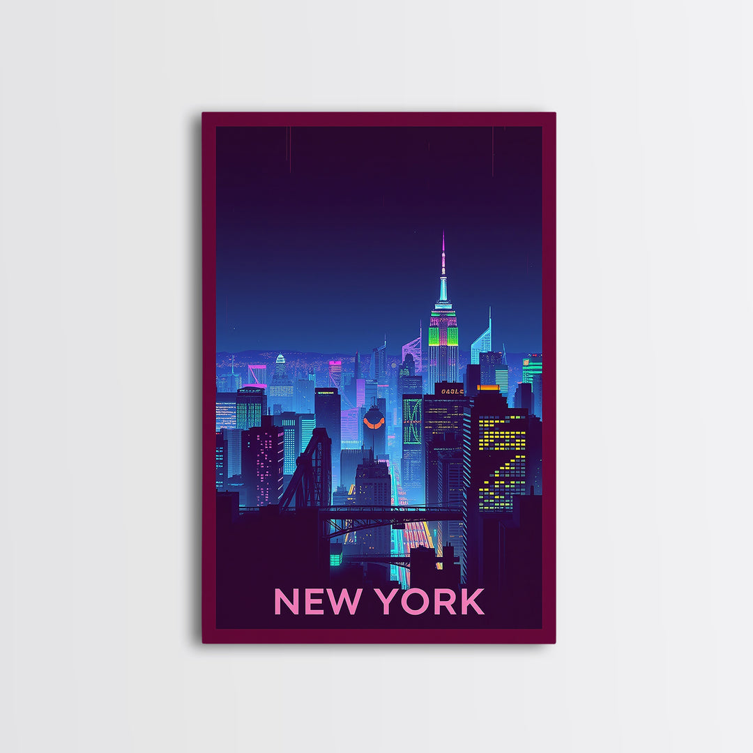 New York Travel Poster, Framed Canvas Print, Retro Neon Travel Art, New York City Art, City Illustration, Travel Poster Art, City Poster