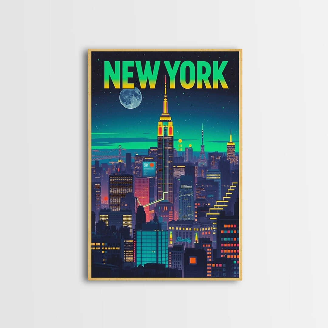 New York Travel Poster, Canvas Print, Retro Neon Travel Art, New York City Art, Travel Wall Art, Mid Century Wall Art, Vintage Travel Print