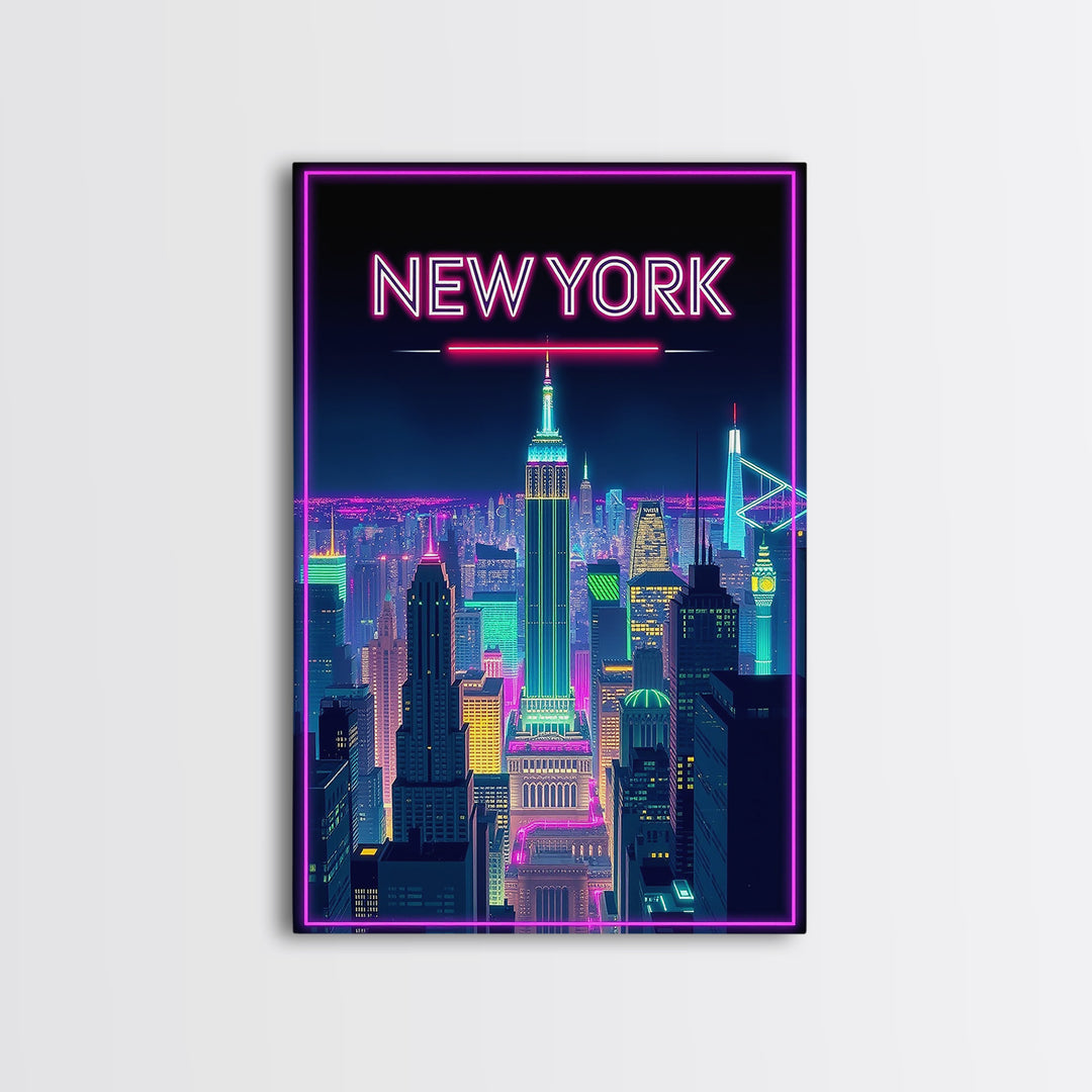 New York Travel Poster, Canvas Print, Retro Neon Travel Art, New York Travel Art, Eclectic Wall Decor, Mid Century Wall Art, Travel Gift