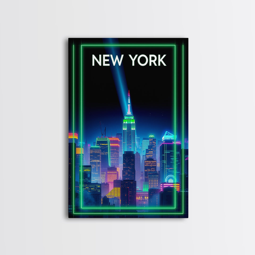 New York Travel Poster, Framed Canvas Print, Retro Neon Travel Art, New York Wall Art, Vintage City Art, Vintage Travel Print, Design 3