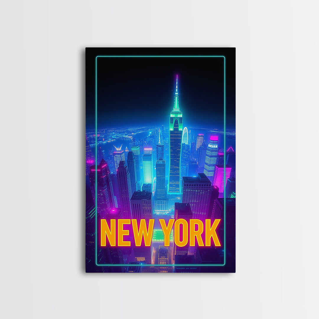 New York Travel Poster, Canvas Print, Neon Cityscape Wall Art, New York Wall Art, City Illustration, Mid Century Wall Art, City Art Print