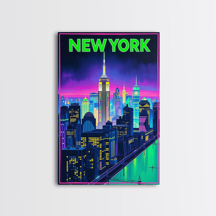 New York Travel Poster, Framed Canvas Print, Retro Neon Travel Art, New York Art Print, City Travel Prints, Fine Art Print, Art Print