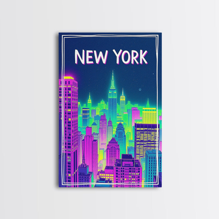 New York Travel Poster, Canvas Print, Neon Downtown Skyline Wall Art, New York City Art, Wanderlust Decor, Travel Wall Decor, Wall Decor