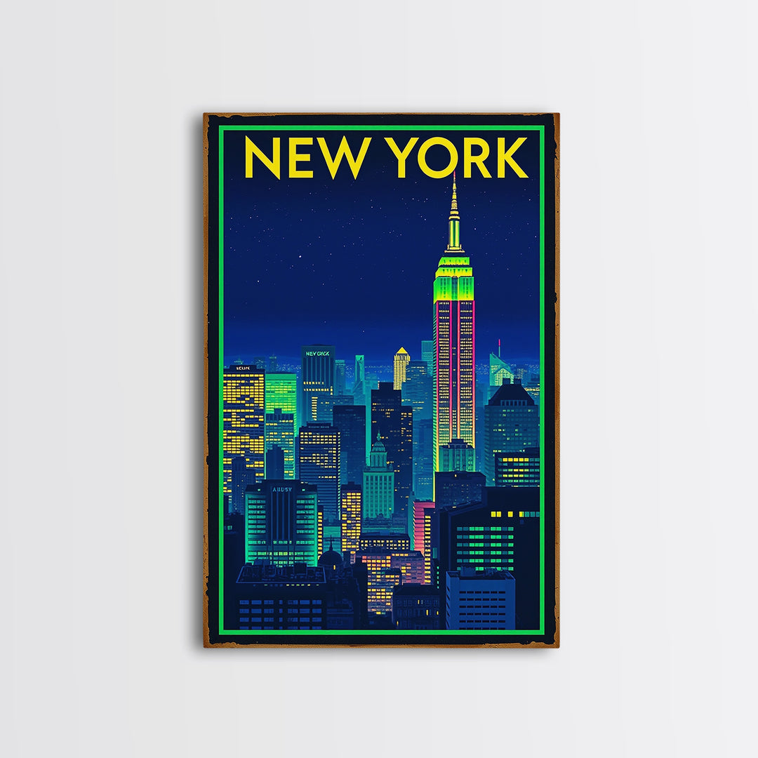 New York Travel Poster, Framed Canvas Print, Neon Downtown Skyline Wall Art, New York Wall Art, Gift For Travelers, Travel Wall Decor