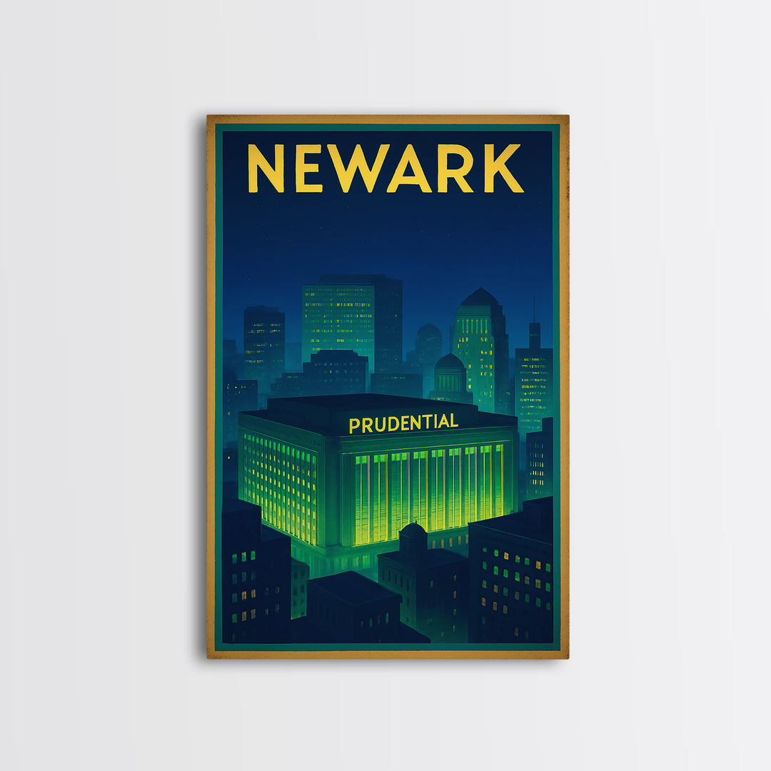 Newark Travel Poster, Framed Canvas Print, Electric Night Poster Art, Newark Wall Art, City Illustration, Vintage Travel Print