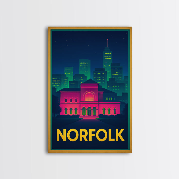 Norfolk Virginia Travel Poster, Canvas Print, Retro Neon Travel Art, Norfolk Art Print, Office Decor, Gift For Travelers, Travel Poster Art