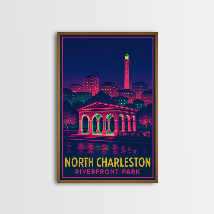 North Charleston South Carolina Travel Poster, Canvas Print, Neon Cityscape Wall Art, North Charleston Poster Print, City Illustration