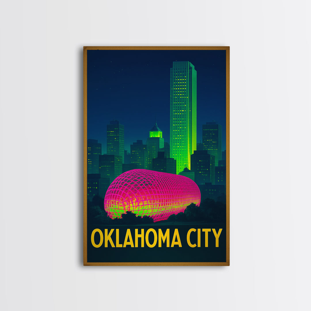 Oklahoma City Oklahoma Travel Poster, Canvas Print, Retro Neon Travel Art, Oklahoma City Art Print, Eclectic Wall Decor, City Illustration