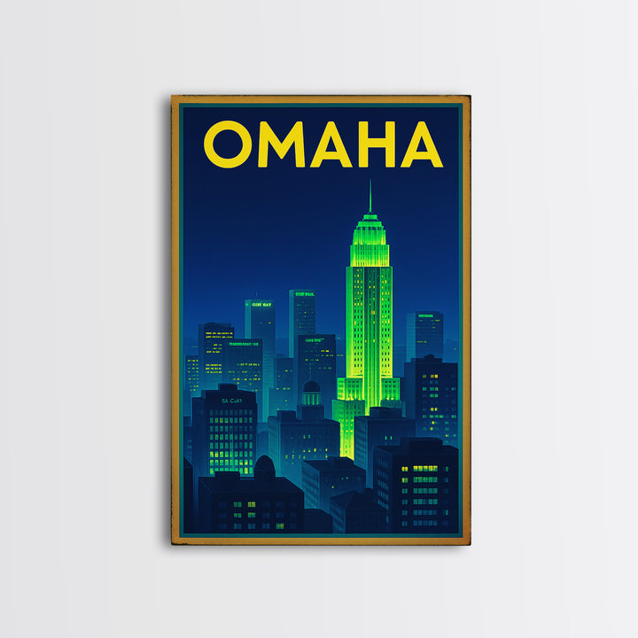 Omaha Travel Poster, Framed Canvas Print, Electric Night Poster Art, Omaha City Art, Travel Wall Decor, Mid Century Wall Art, Art Print