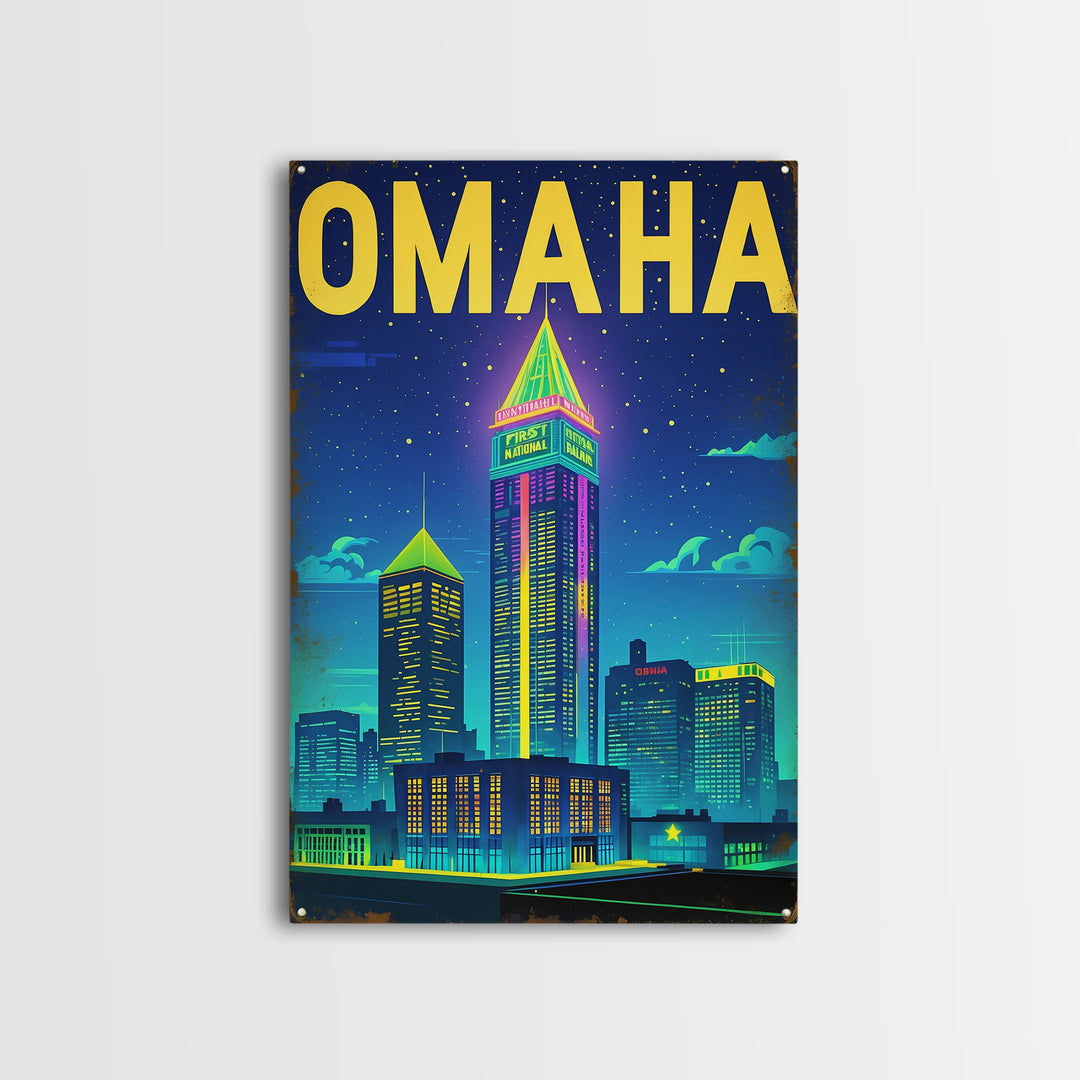 Omaha Travel Poster, Framed Canvas Print, Retro Neon Travel Art, Omaha Travel Art, Eclectic Wall Decor, City Art Print, Fine Art Print