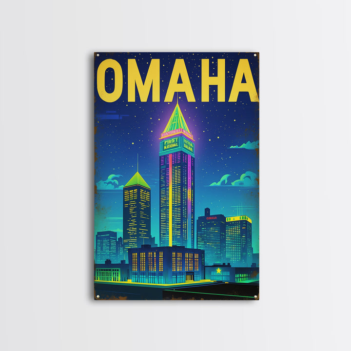 Omaha Travel Poster, Framed Canvas Print, Retro Neon Travel Art, Omaha Travel Art, Eclectic Wall Decor, City Art Print, Fine Art Print