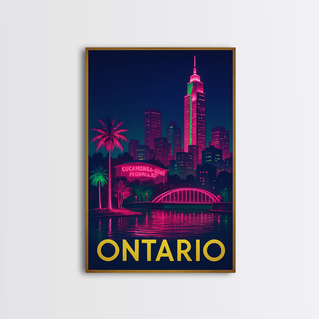 Ontario California Travel Poster, Canvas Print, Neon Urban Skyline Wall Art, Ontario City Art, Office Decor, City Illustration, City Poster