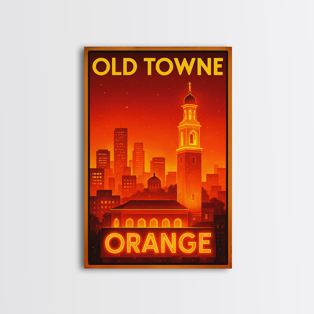 Orange Travel Poster, Framed Canvas Print, Retro Neon Travel Art, Orange Travel Art, Watercolor Downtown Skyline, Travel Poster Set