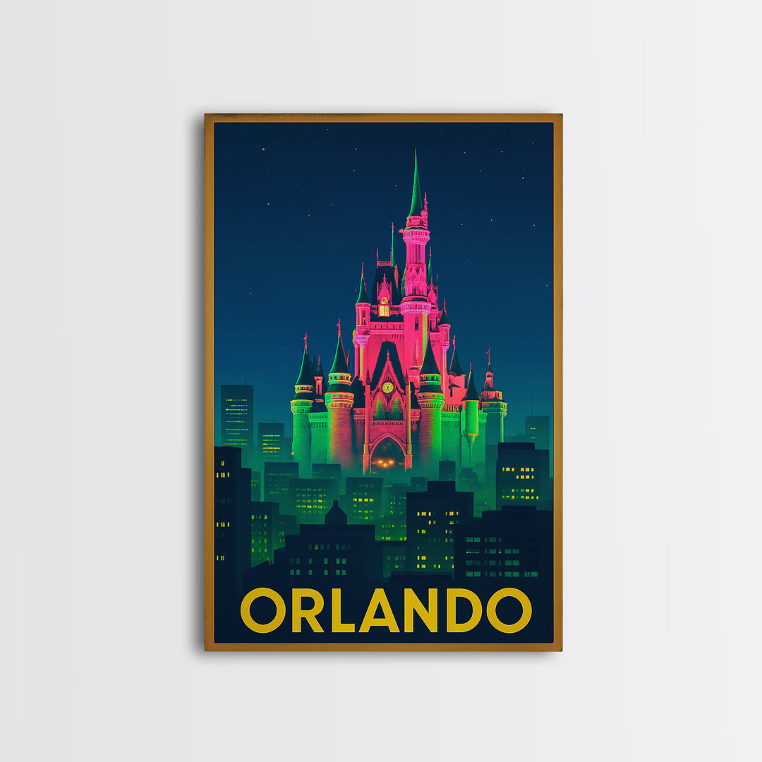 Orlando Florida Travel Poster, Canvas Print, Neon Urban Skyline Wall Art, Orlando Wall Art, Home Office Decor, Retro Travel Print, Art Print