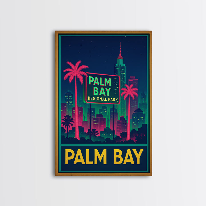 Palm Bay Florida Travel Poster, Framed Canvas Print, Neon Skyline Wall Art, Palm Bay Travel Art, Vintage Travel Art, City Travel Prints