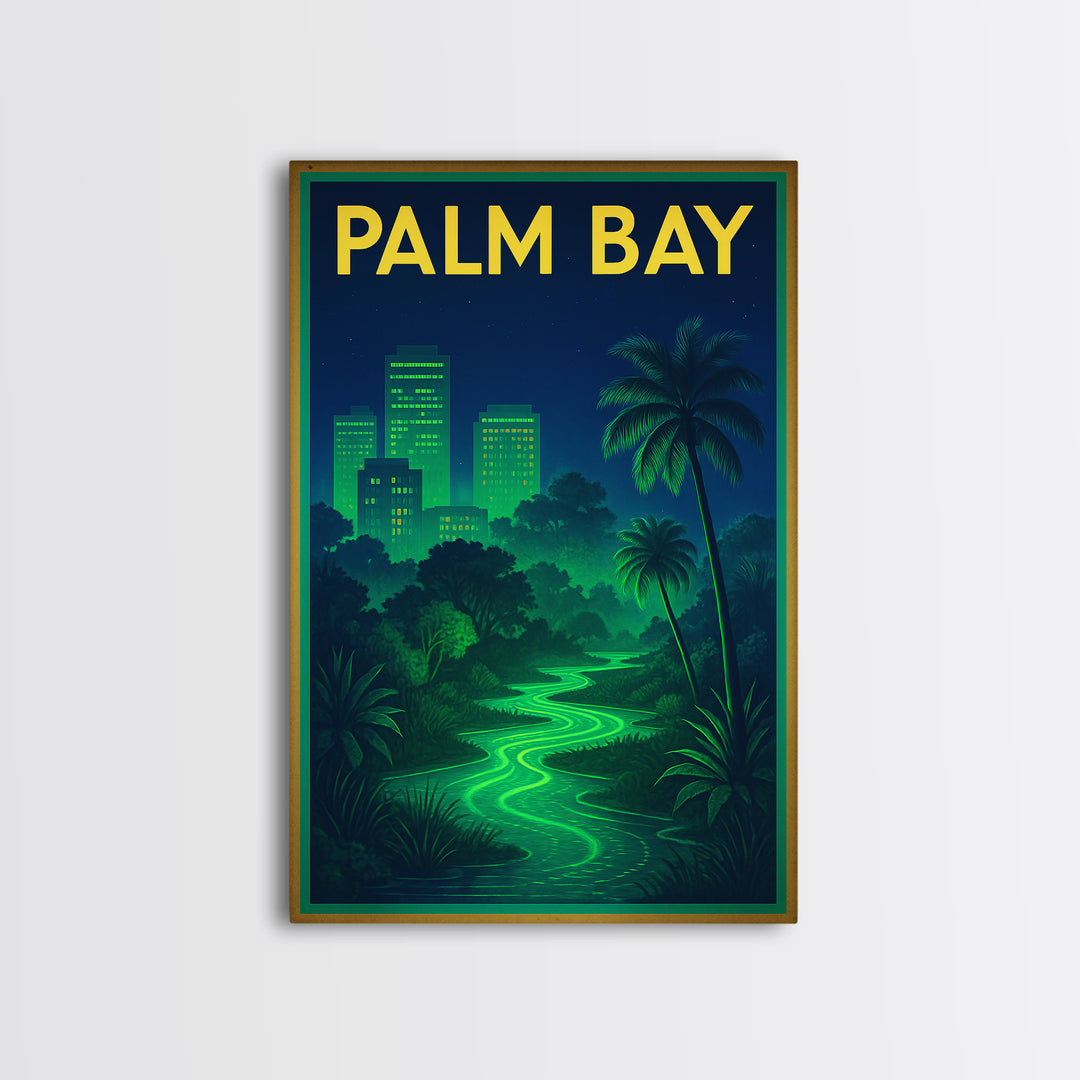 Palm Bay Travel Poster, Framed Canvas Print, Electric Night Poster Art, Palm Bay City Art, Travel Wall Art, City Travel Prints