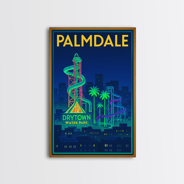Palmdale Travel Poster, Framed Canvas Print, Neon Skyline Wall Art, Palmdale City Art, Vintage City Art, Mid Century Wall Art