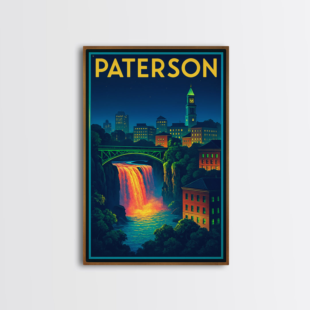 Paterson Travel Poster, Framed Canvas Print, Electric Night Poster Art, Paterson Wall Art, City Travel Prints, Home Office Decor