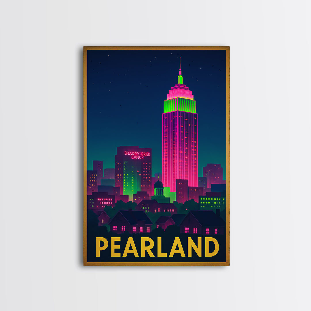 Pearland Texas Travel Poster, Canvas Print, Cyberpunk Style City Art, Pearland Travel Art, Mid Century Wall Art, Retro Travel Print