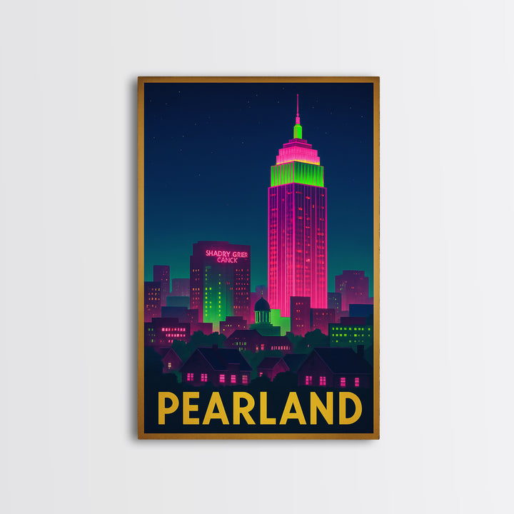 Pearland Texas Travel Poster, Canvas Print, Cyberpunk Style City Art, Pearland Travel Art, Mid Century Wall Art, Retro Travel Print