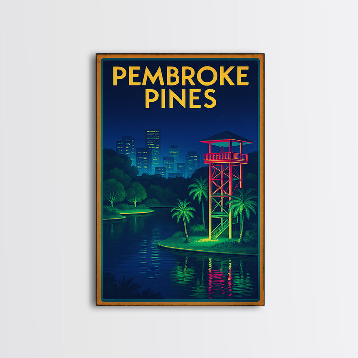 Pembroke Pines Travel Poster, Framed Canvas Print, Electric Night Poster Art, Pembroke Pines City Art, Mid Century Wall Art, Travel Gift