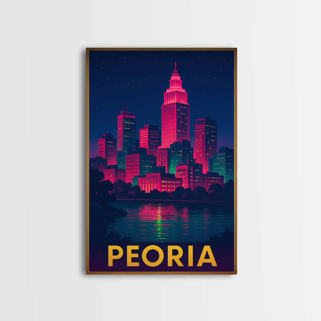 Peoria Travel Poster, Canvas Print, Electric Night Poster Art, Peoria Art Print, Vintage City Poster, City Illustration, City Travel Prints