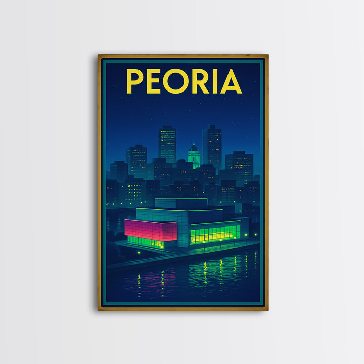 Peoria Travel Poster, Canvas Print, Retro Neon Travel Art, Peoria Art Print, Watercolor Skyline, City Art Print, Living Room Wall Art