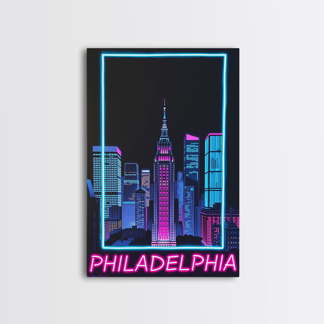 Philadelphia Travel Poster, Canvas Print, Retro Neon Travel Art, Philadelphia City Art, City Travel Prints, Gift For Travelers