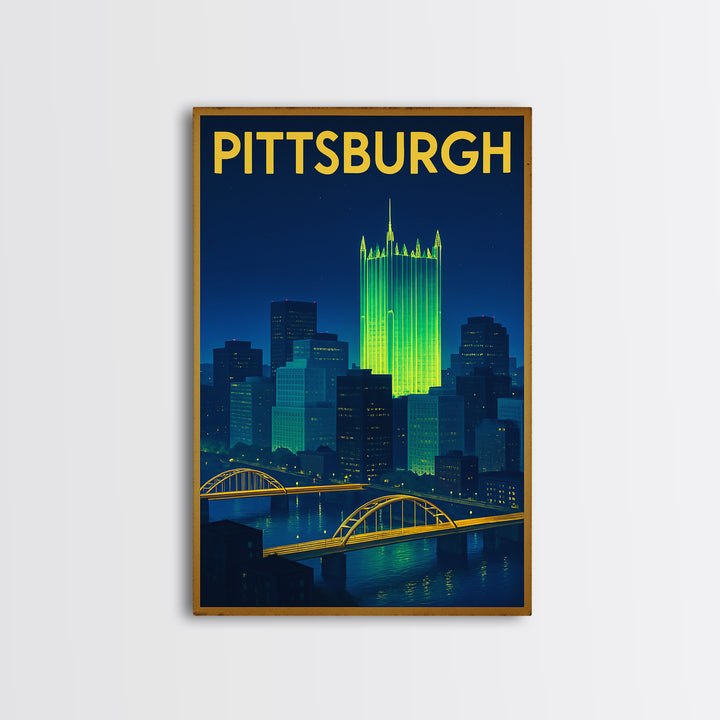 Pittsburgh Travel Poster, Framed Canvas Print, Electric Night Poster Art, Pittsburgh Art Print, Vintage City Poster, Vintage Travel Art