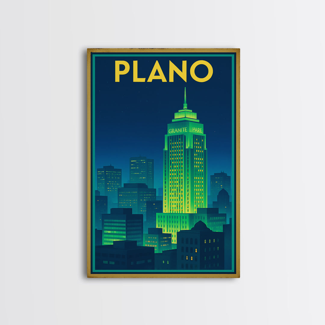 Plano Travel Poster, Framed Canvas Print, Electric Night Poster Art, Plano Travel Art, Watercolor Urban Skyline, Modern Wall Decor