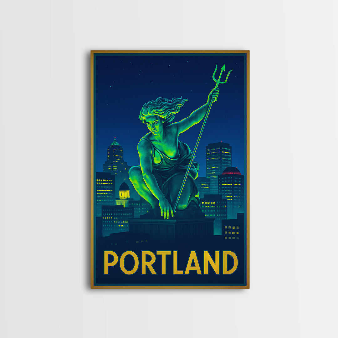 Portland Oregon Travel Poster, Framed Canvas Print, Retro Neon Travel Art, Portland Travel Art, Home Office Decor, Retro Travel Print