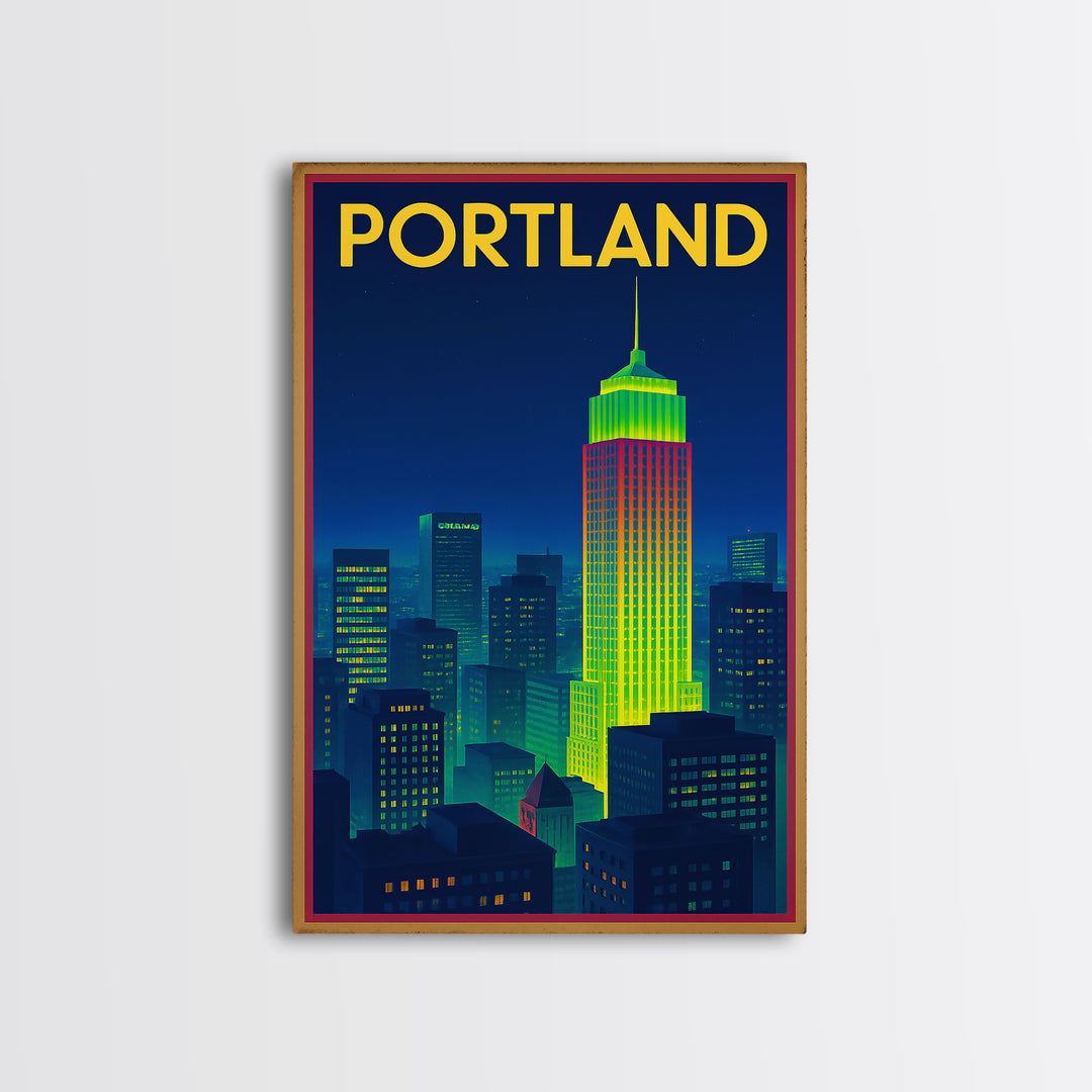 Portland Travel Poster, Framed Canvas Print, Cyberpunk Style City Art, Portland Wall Art, Fine Art Print, Watercolor Skyline