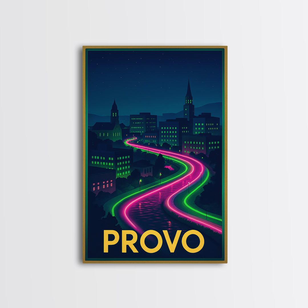 Provo Utah Travel Poster, Canvas Print, Neon Downtown Skyline Wall Art, Provo Wall Art, City Illustration, Gift For Travelers, Wall Art