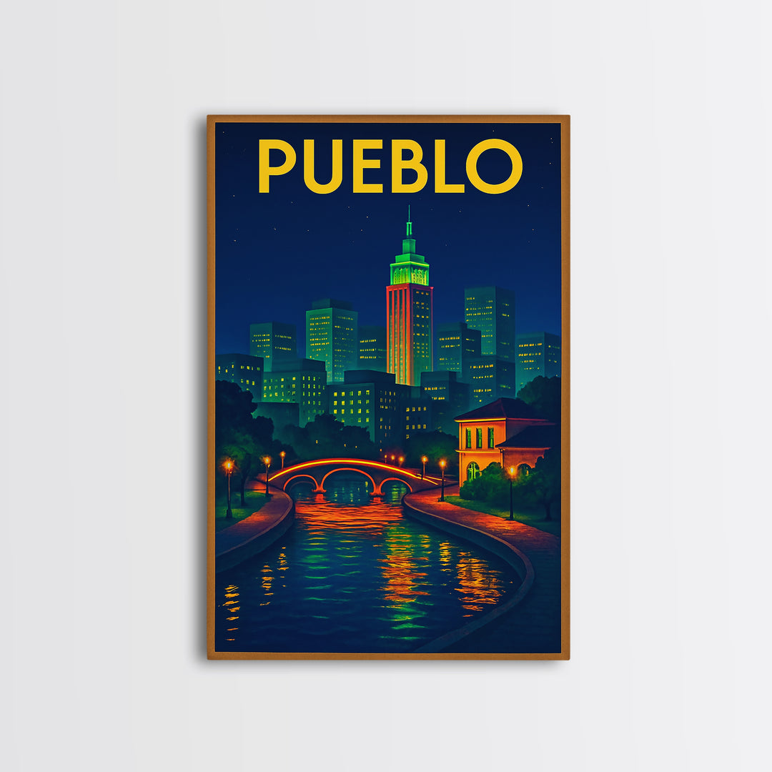 Pueblo Travel Poster, Canvas Print, Retro Neon Travel Art, Pueblo Wall Art, Travel Art Print, Travel Poster Art, Eclectic Wall Decor