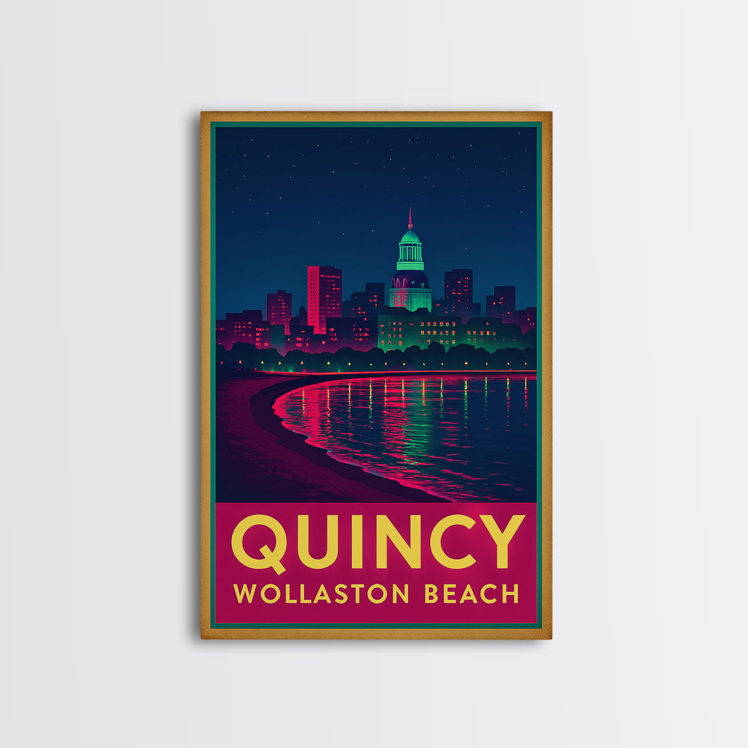 Quincy Massachusetts Travel Poster, Canvas Print, Retro Neon Travel Art, Quincy Travel Art, Travel Wall Decor, Home Office Decor, Art Print