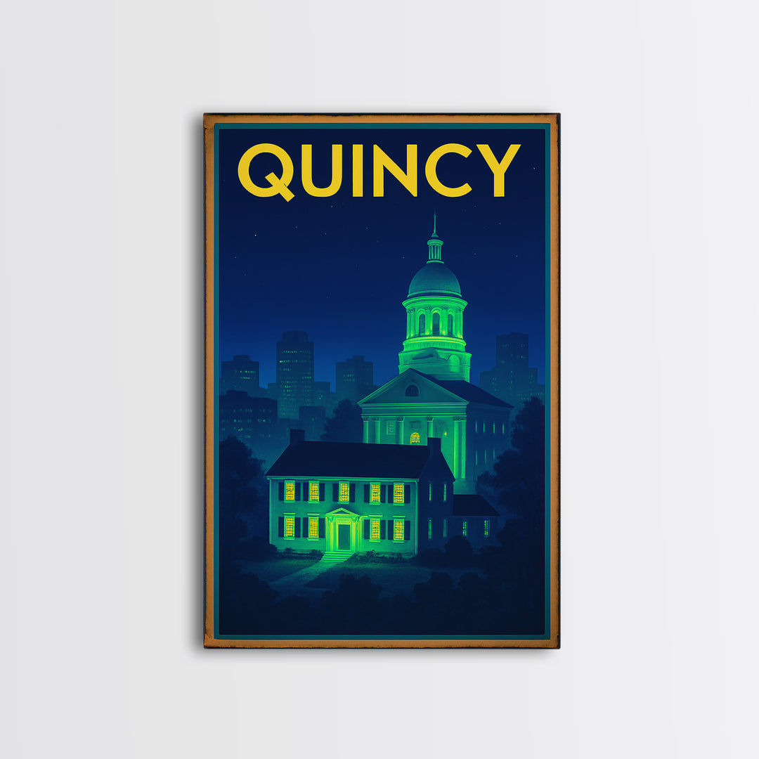 Quincy Travel Poster, Canvas Print, Neon Urban Skyline Wall Art, Quincy Wall Art, Modern Wall Decor, Fine Art Print, Living Room Wall Art