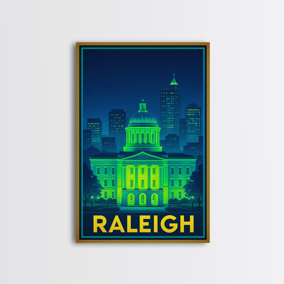 Raleigh North Carolina Travel Poster, Canvas Print, Electric Night Poster Art, Raleigh City Art, Vintage City Art, Travel Art, City Poster