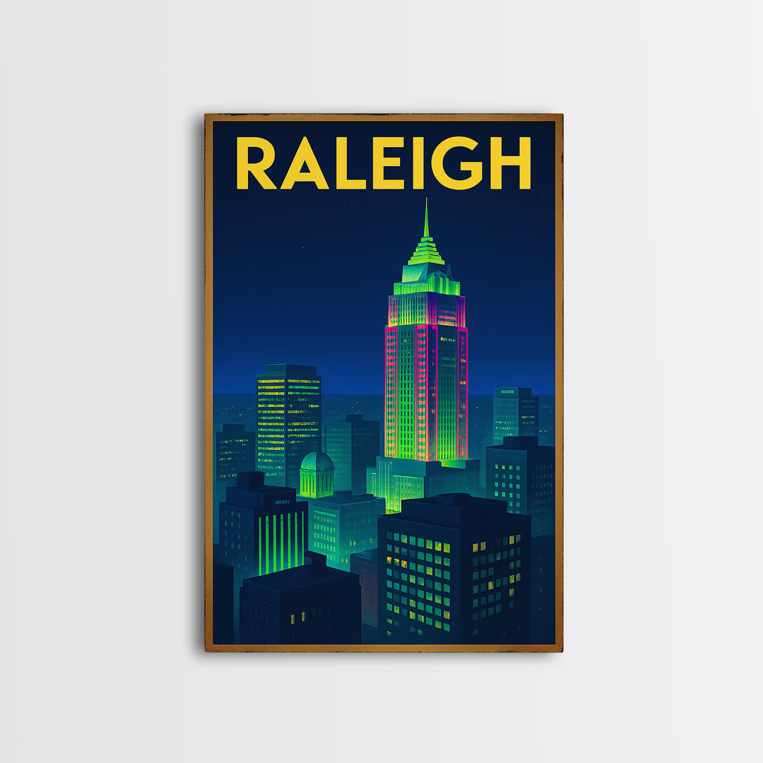 Raleigh Travel Poster, Framed Canvas Print, Retro Neon Travel Art, Raleigh Travel Art, Travel Poster Set, Gift For Travelers, Home Decor