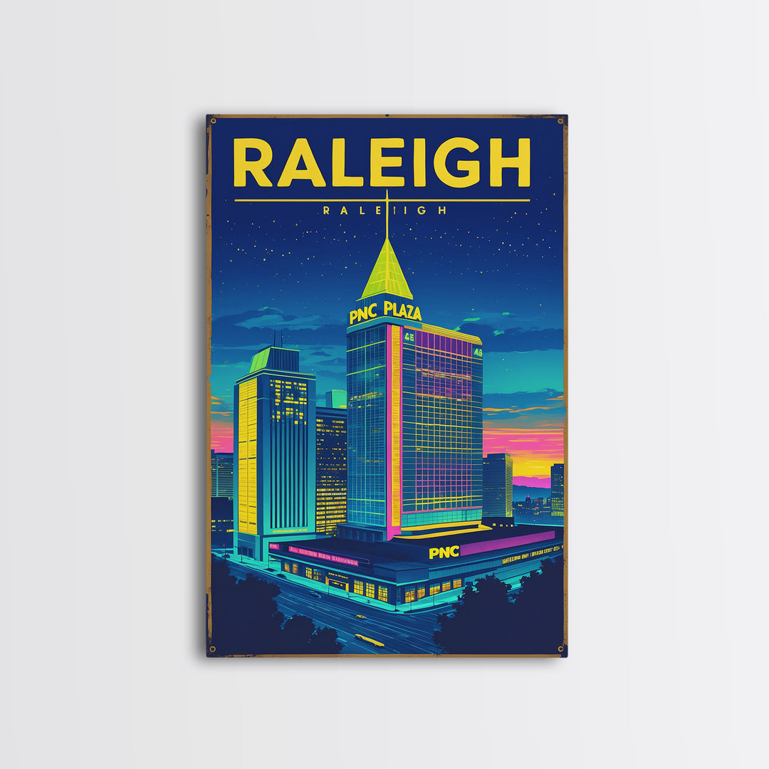 Raleigh Travel Poster, Framed Canvas Print, Electric Night Poster Art, Raleigh Art Print, Vintage Travel Art, City Illustration