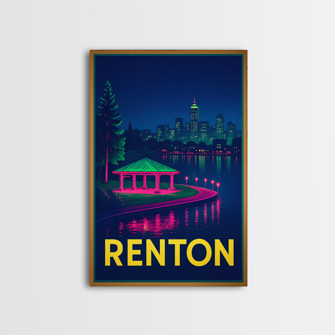 Renton Washington Travel Poster, Canvas Print, Neon Downtown Skyline Wall Art, Renton Travel Art, Travel Prints, Wanderlust Decor, Art Print