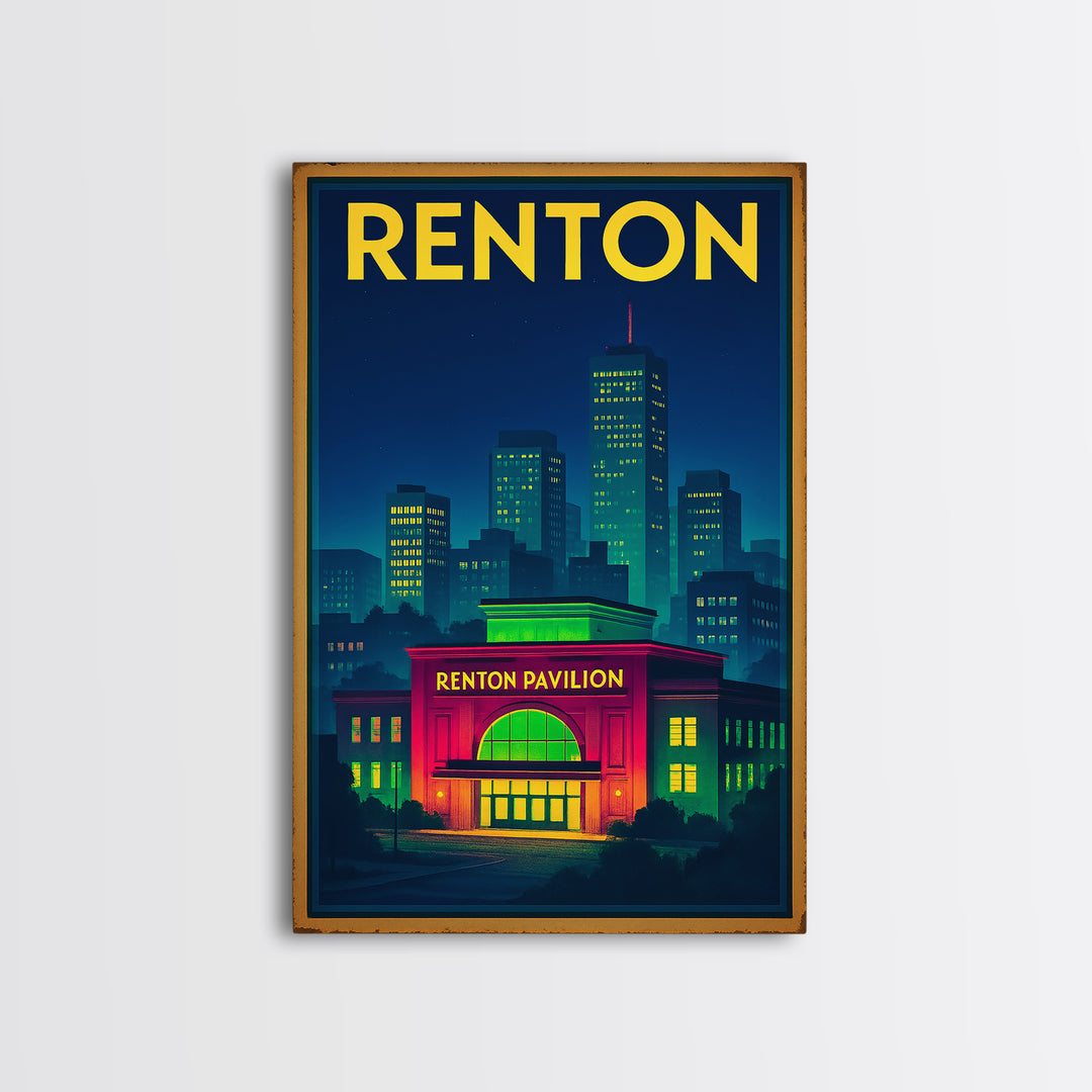 Renton Travel Poster, Canvas Print, Electric Night Poster Art, Renton Art Print, Living Room Wall Art, Vintage City Art, Fine Art Print