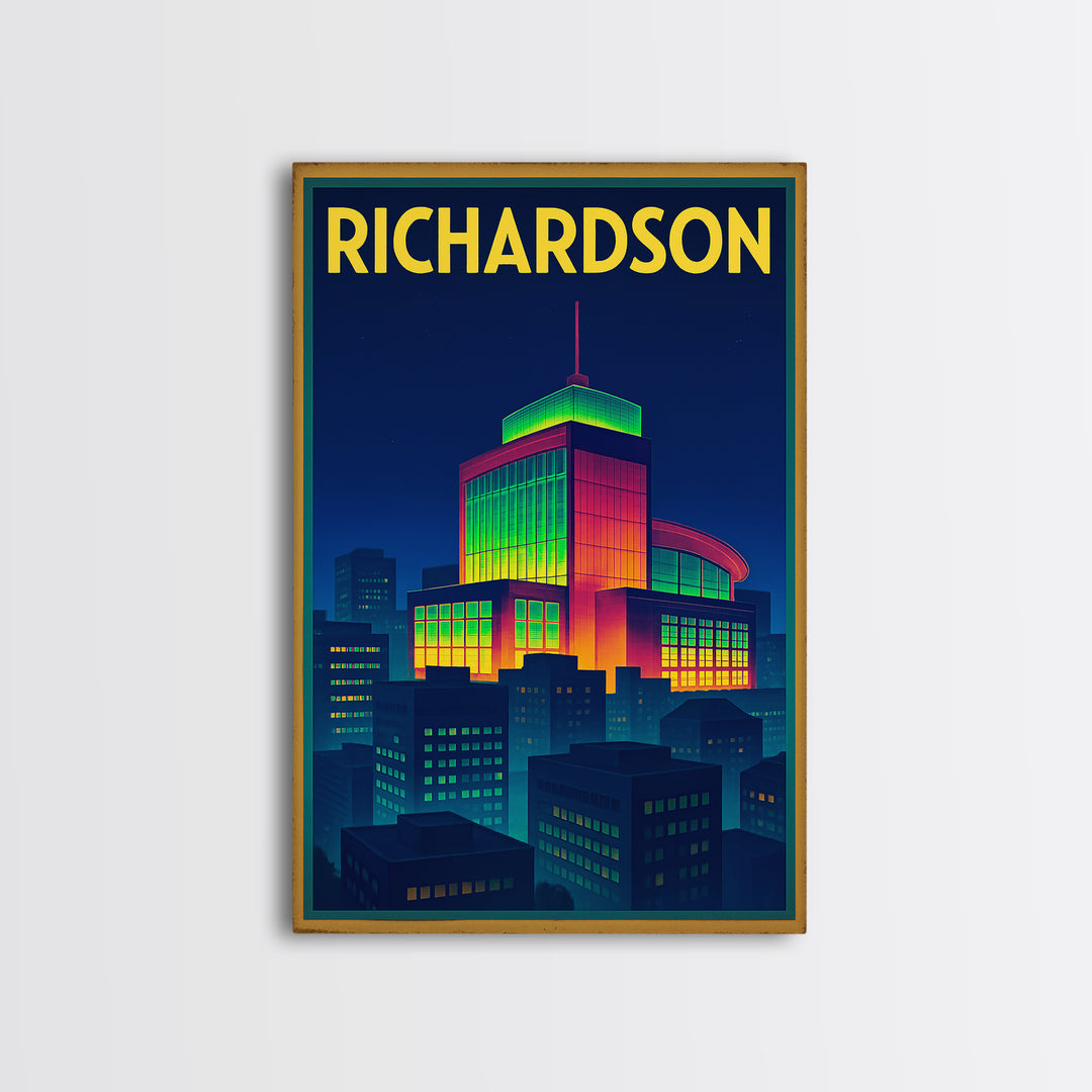 Richardson Travel Poster, Framed Canvas Print, Cyberpunk Style City Art, Richardson Art Print, Travel Wall Art, Eclectic Wall Decor